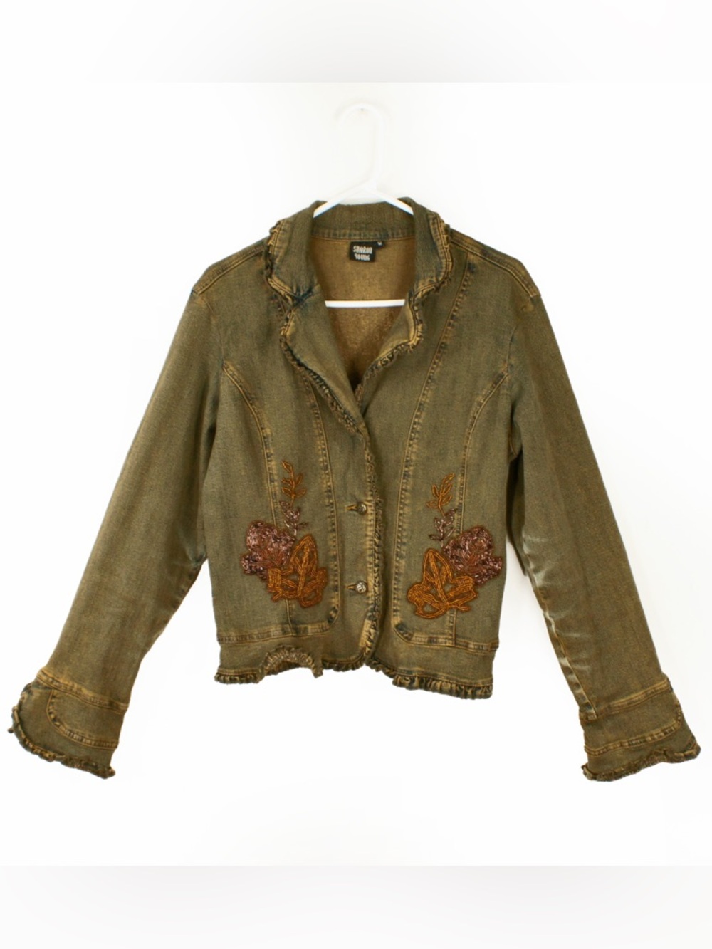 Vintage 2000s Y2K Floral Leaf Beaded Embroidered Flare Sleeve Demin Jean Jacket - Picture 5 of 9